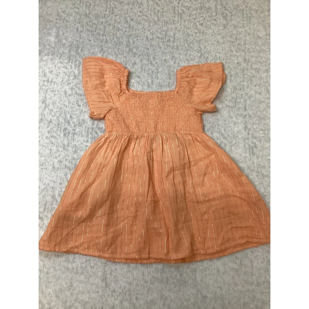 Cat & Jack Peach Gold Metallic‎ Stripe Smocked Flutter Sleeve Dress 3T Toddler